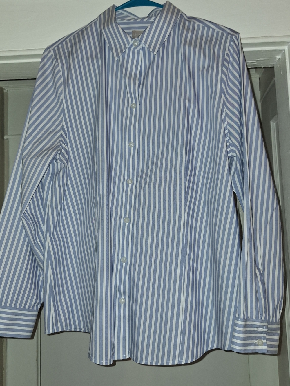 Chico's Blue and White Vertical Stripe Dress Shirt